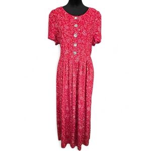 Vintage 90s Y2K Red Floral Rayon Midi Dress Pearl Button Front Tie Back Size 12